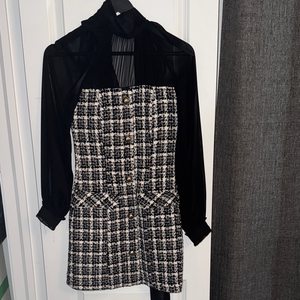ZARA Black and White Tweed Dress with Sheer Sleeves